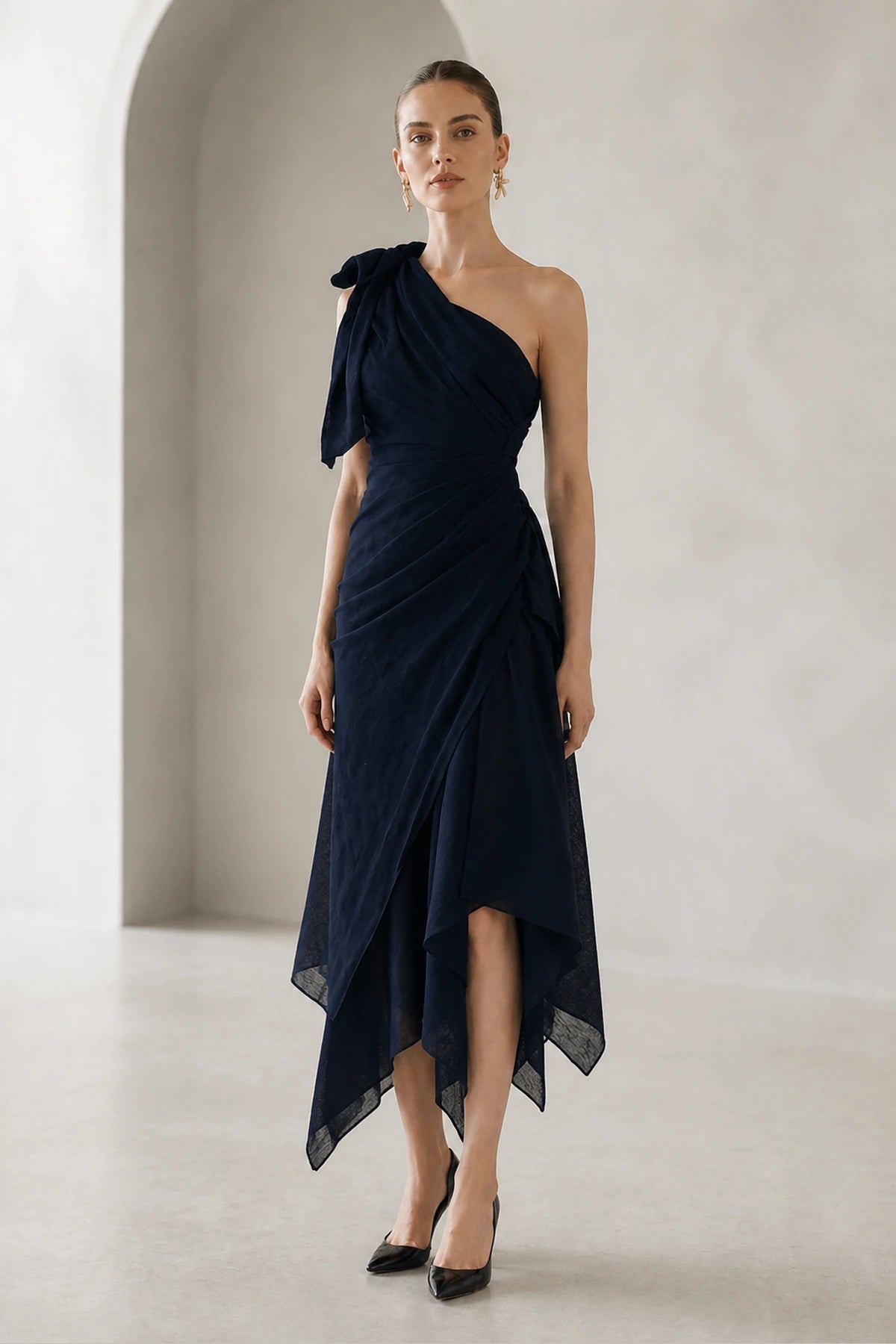 GraceProm navy one shoulder wedding guest dress with bow detail ruched waist and asymmetrical hem