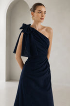 Sophisticated A-Line One Shoulder Sleeveless Bow Back Asymmetrical Wedding Guest Dress