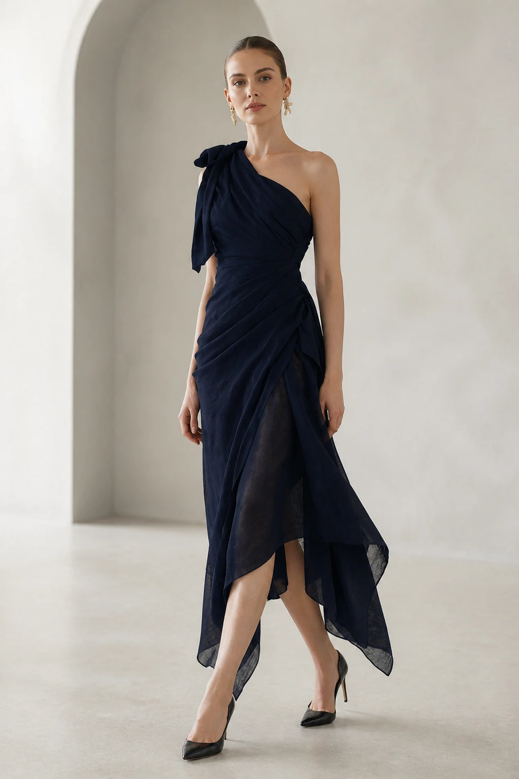 Sophisticated A-Line One Shoulder Sleeveless Bow Back Asymmetrical Wedding Guest Dress
