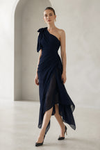 Sophisticated A-Line One Shoulder Sleeveless Bow Back Asymmetrical Wedding Guest Dress