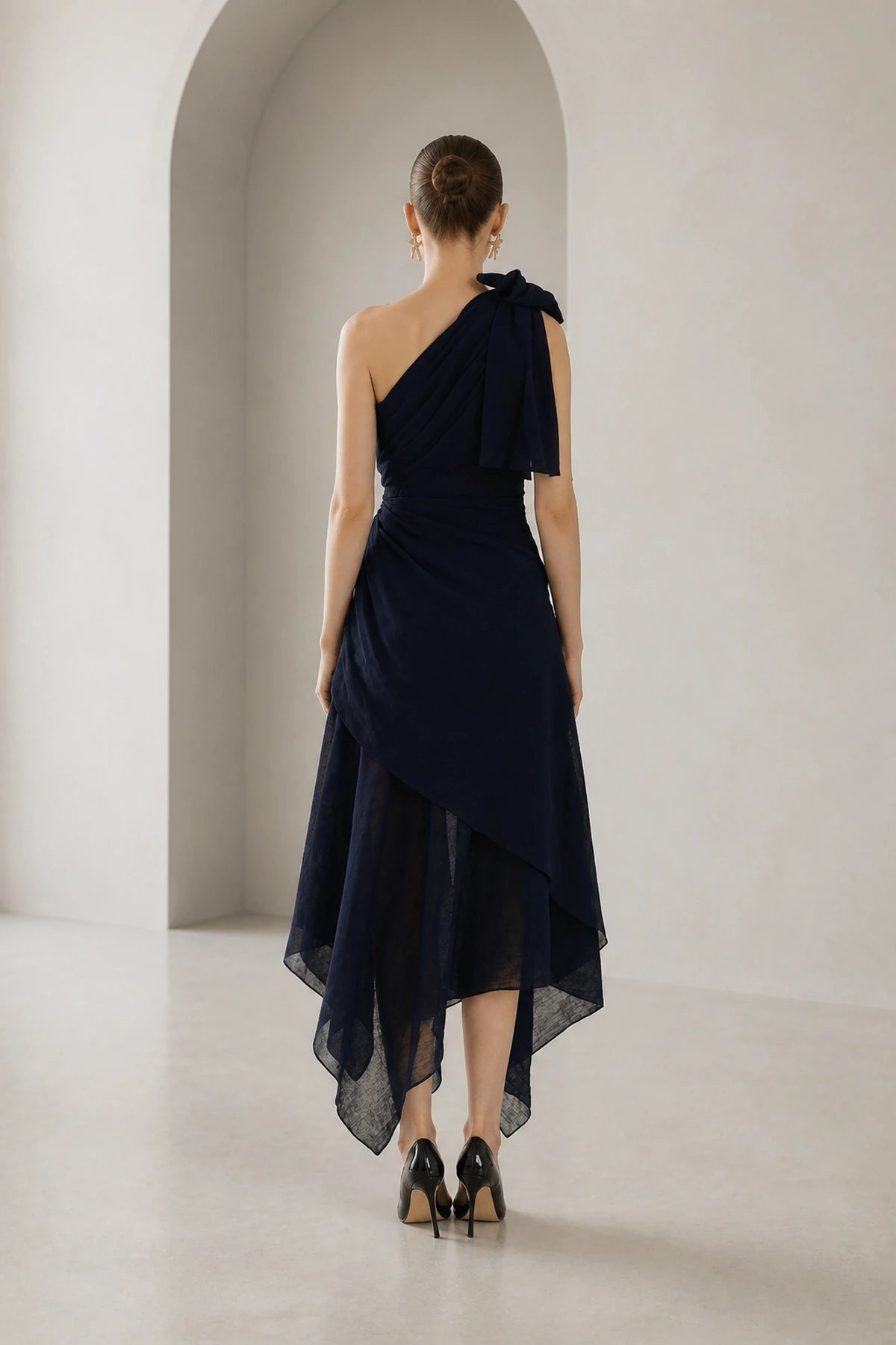 GraceProm navy wedding guest dress with one shoulder bow back and layered asymmetrical skirt