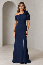 Navy Mother of the Bride Dress with one-shoulder floral detail, short sleeves, front slit and floor-length mermaid silhouette front view