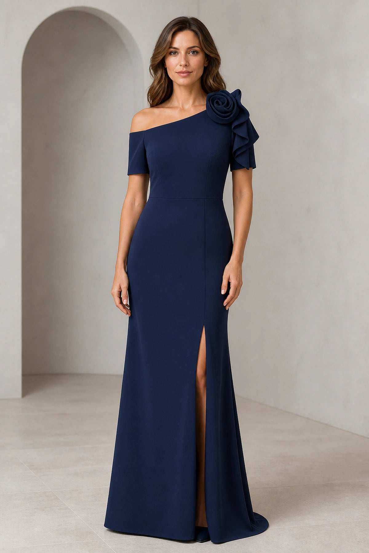 Navy Mother of the Bride Dress with one-shoulder floral detail, short sleeves, front slit and floor-length mermaid silhouette front view