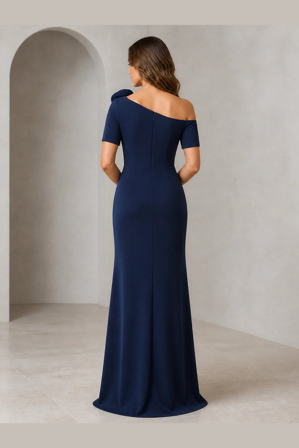 Navy floor-length Mother of the Bride Dress with asymmetric neckline, short sleeves and center zipper back view