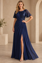 Navy Mother of the Bride Dress with sequin bodice, short flutter sleeves, draped waist and floor-length skirt
