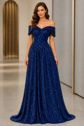 GraceProm navy blue sequin A-line off-shoulder sweetheart floor-length prom dress