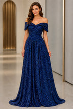 GraceProm navy blue sequin A-line off-shoulder sweetheart floor-length prom dress