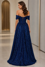 Back view of GraceProm navy sequin prom dress with off-shoulder sleeves and lace-up back