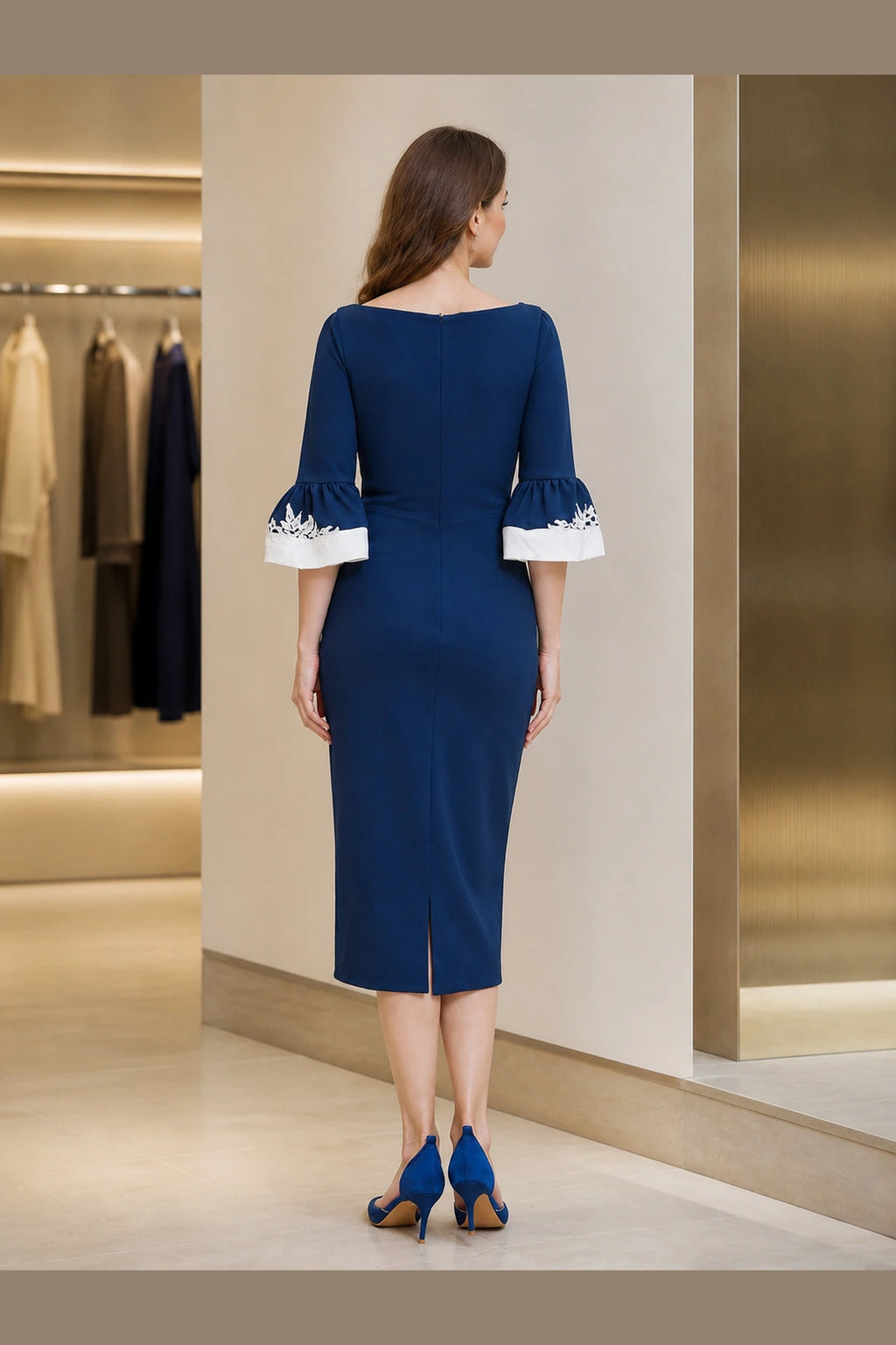 Vedress navy blue sheath mother of the bride dress with white floral lace appliqué, bateau neckline, bell sleeves, closed back and midi length