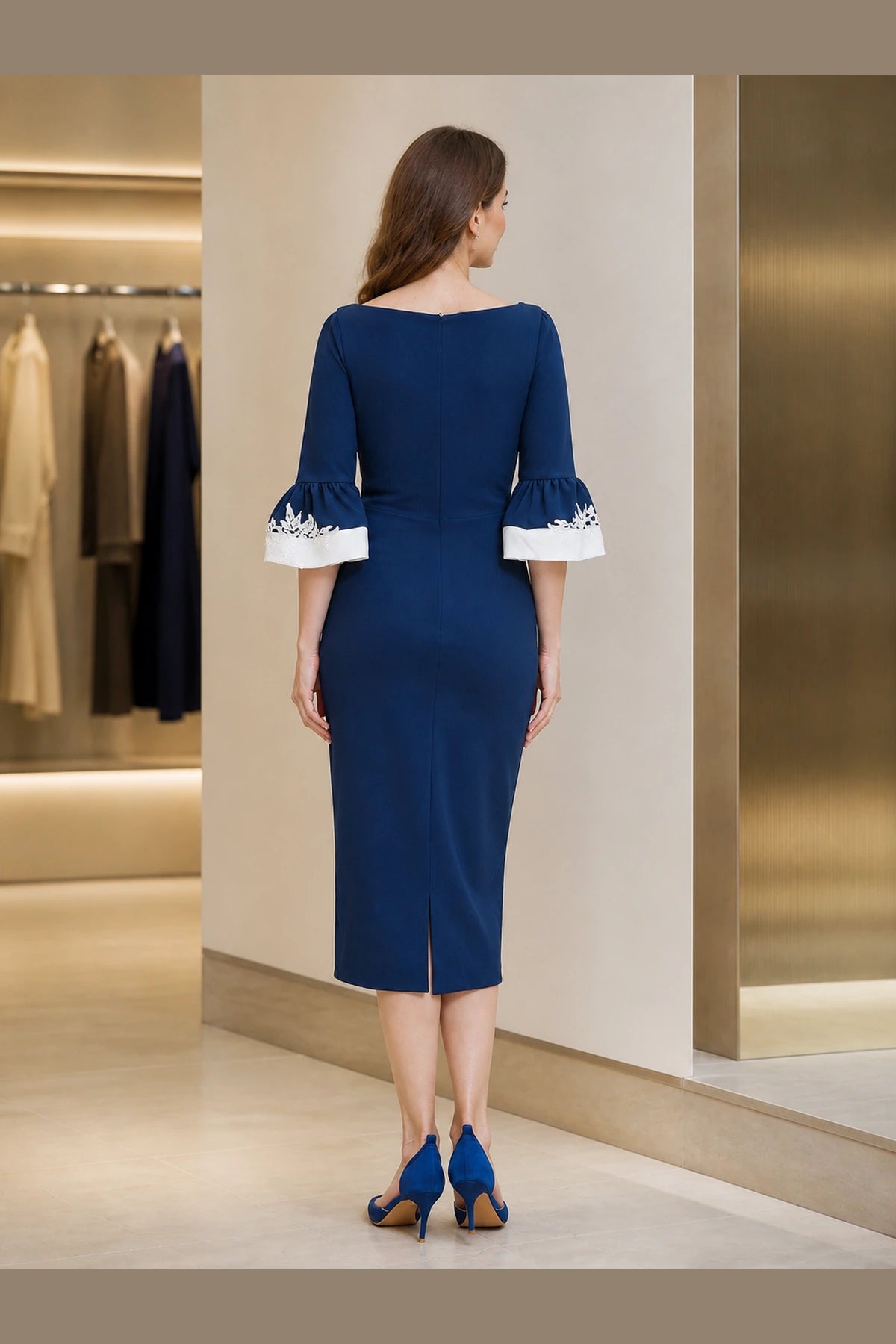 Vedress navy blue sheath mother of the bride dress with white floral lace appliqué, bateau neckline, bell sleeves, closed back and midi length
