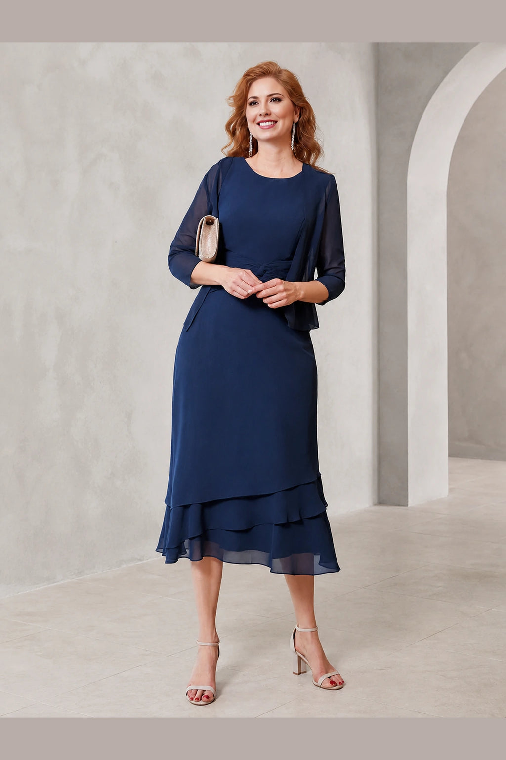 Vedress navy mother of the bride dress with scoop neckline sheer sleeves waist detail and layered midi skirt front view