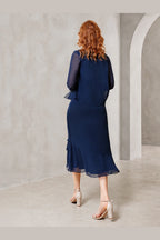 Vedress navy mother of the bride dress with sheer sleeves modest back flowing overlay and layered midi skirt back view