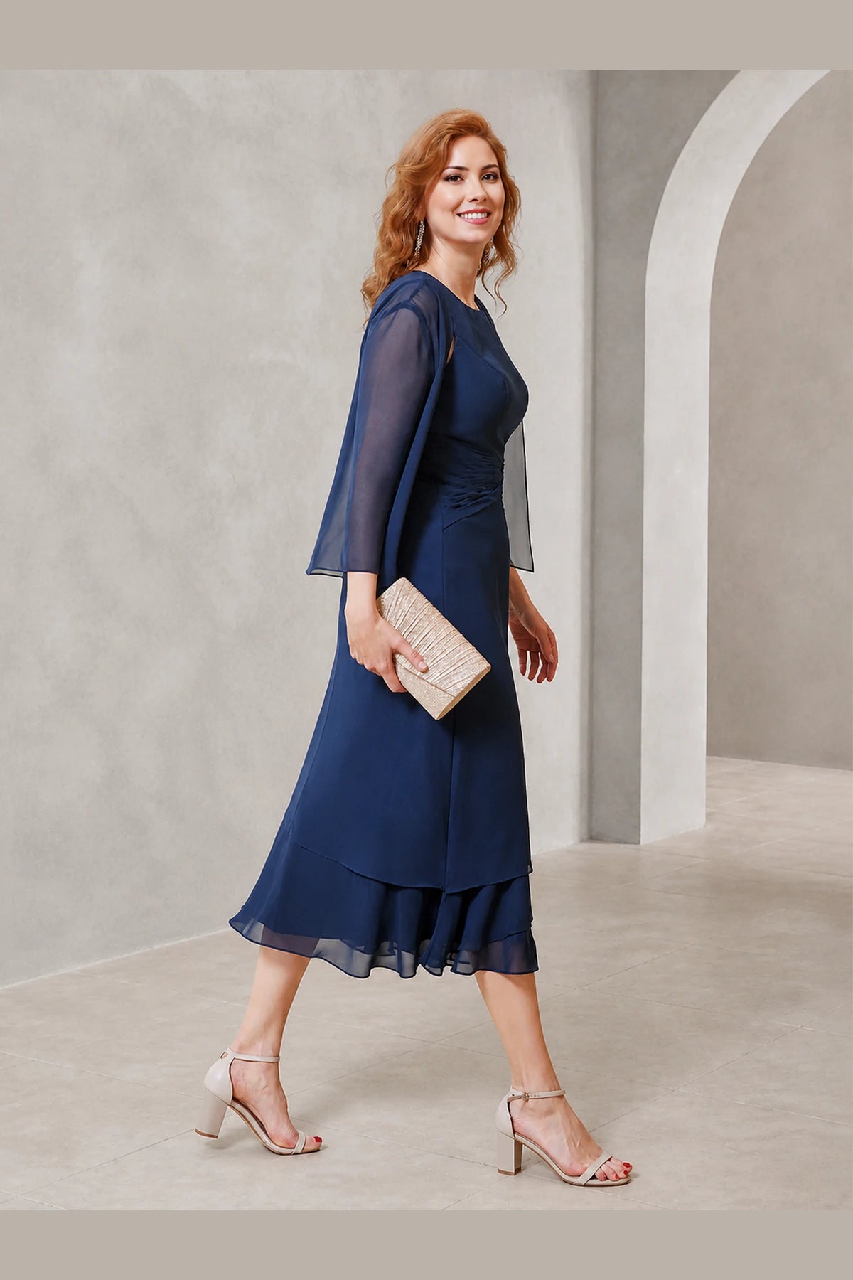 Elegant Sheath Scoop-Neck Sheer Sleeves Modest Back Midi Mother of Bride Dress