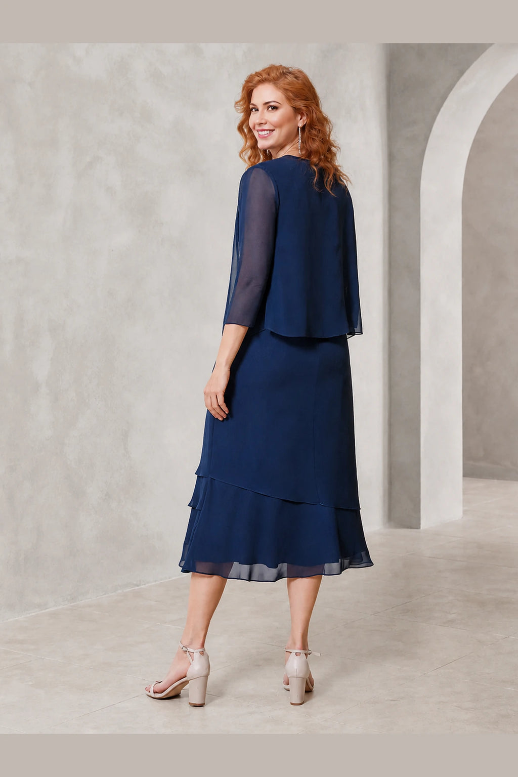 Elegant Sheath Scoop-Neck Sheer Sleeves Modest Back Midi Mother of Bride Dress