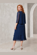 Elegant Sheath Scoop-Neck Sheer Sleeves Modest Back Midi Mother of Bride Dress