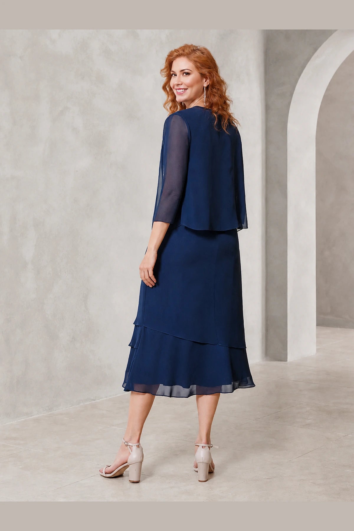 Elegant Sheath Scoop-Neck Sheer Sleeves Modest Back Midi Mother of Bride Dress