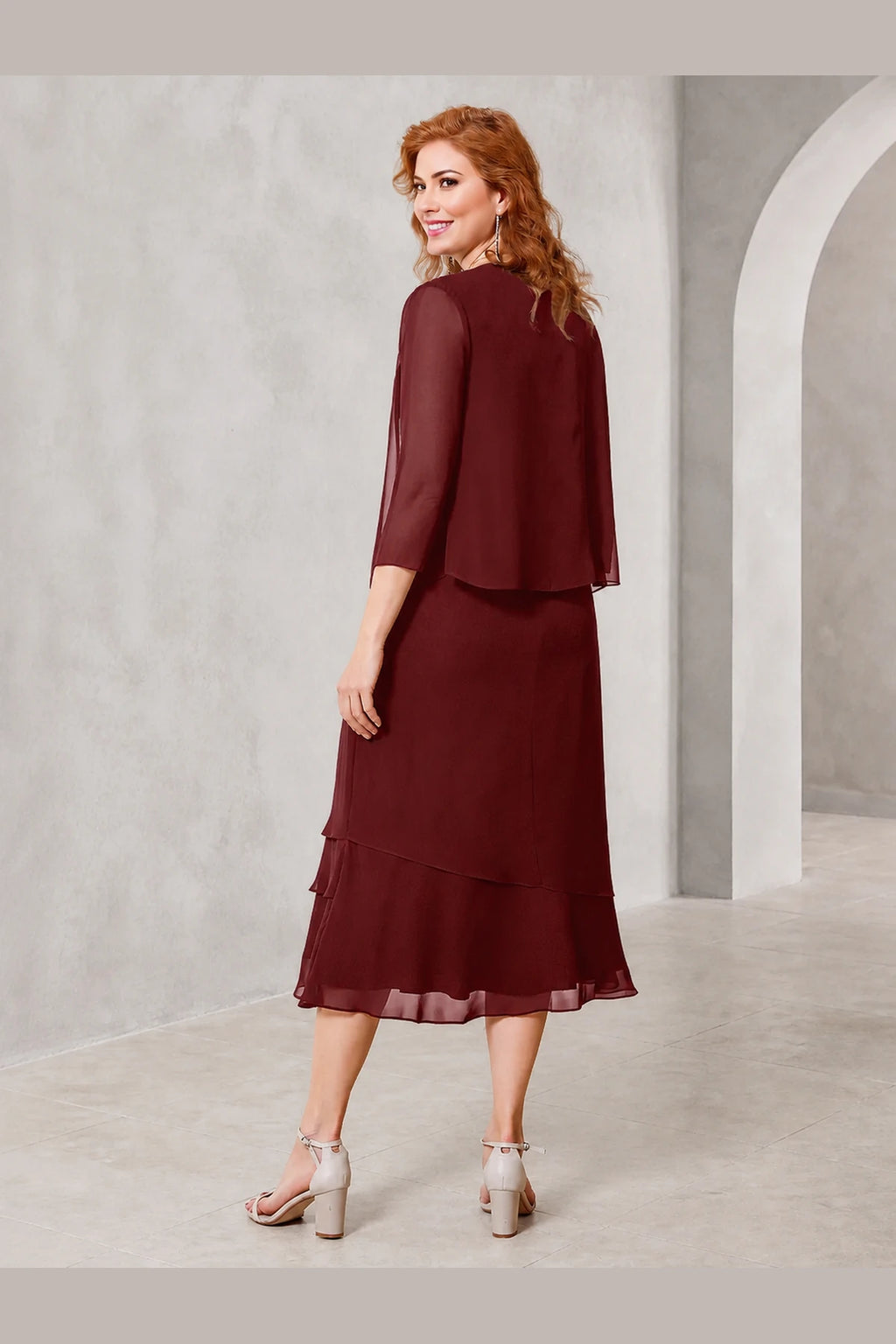 Elegant Sheath Scoop-Neck Sheer Sleeves Modest Back Midi Mother of Bride Dress