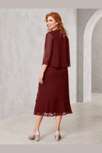 Elegant Sheath Scoop-Neck Sheer Sleeves Modest Back Midi Mother of Bride Dress