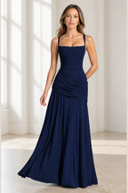 Navy sheath square neck spaghetti strap long bridesmaid dress with ruched waist, cross-back straps and lace-up back, front and back view by Vedress
