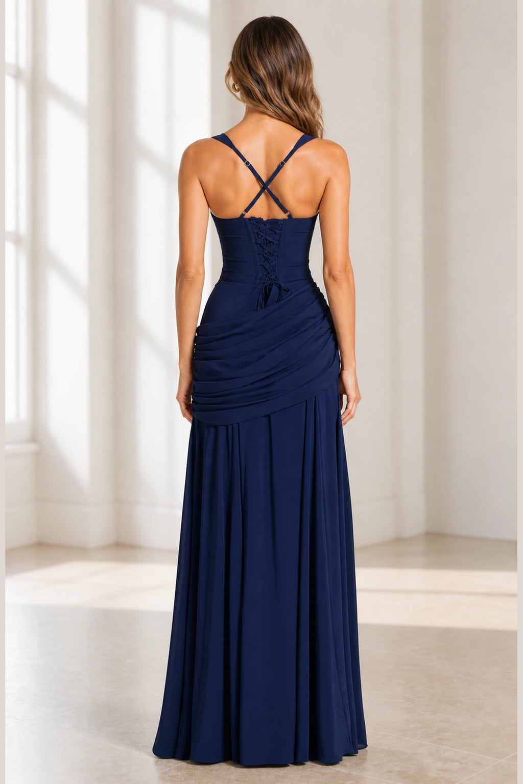 Navy sheath square neck spaghetti strap long bridesmaid dress with ruched waist, cross-back straps and lace-up back, front and back view by Vedress