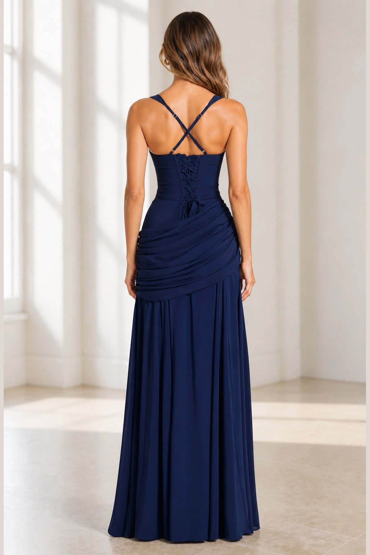 Navy sheath square neck spaghetti strap long bridesmaid dress with ruched waist, cross-back straps and lace-up back, front and back view by Vedress