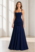 Sleek Sheath Square-Neck Spaghetti-Strap Lace-Up Back Long Bridesmaid Dress