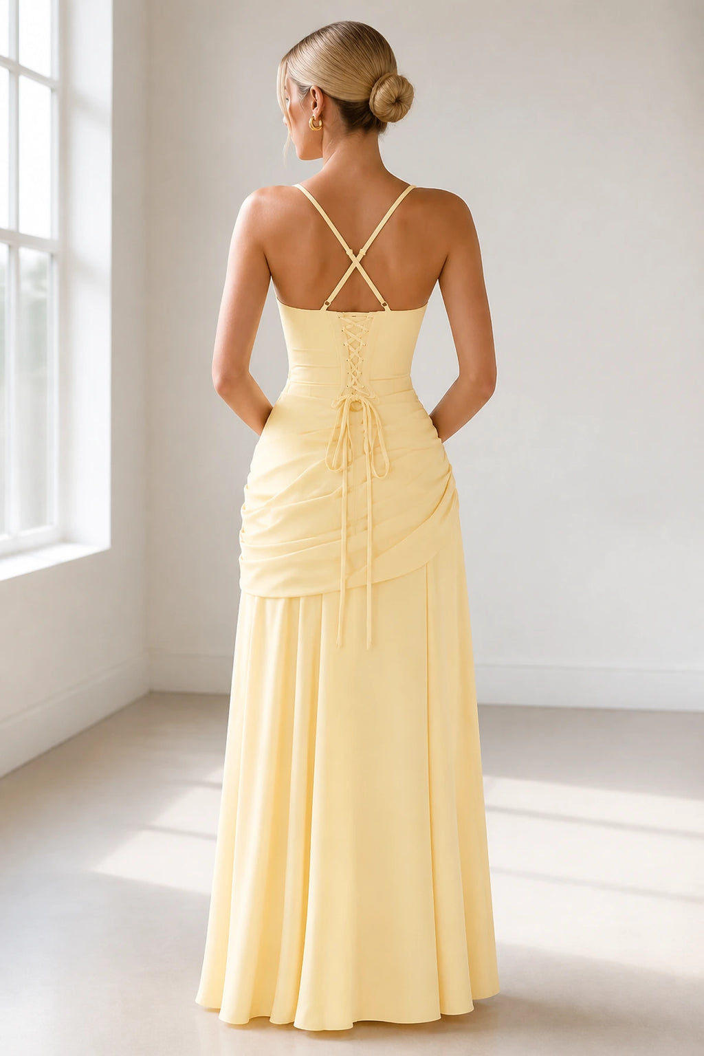 Sleek Sheath Square-Neck Spaghetti-Strap Lace-Up Back Long Bridesmaid Dress