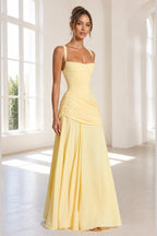 Sleek Sheath Square-Neck Spaghetti-Strap Lace-Up Back Long Bridesmaid Dress