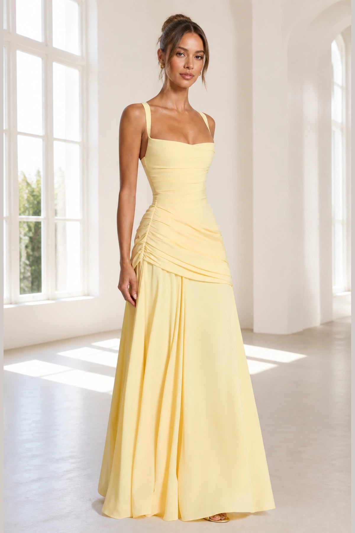 Sleek Sheath Square-Neck Spaghetti-Strap Lace-Up Back Long Bridesmaid Dress