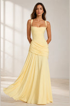 Sleek Sheath Square-Neck Spaghetti-Strap Lace-Up Back Long Bridesmaid Dress