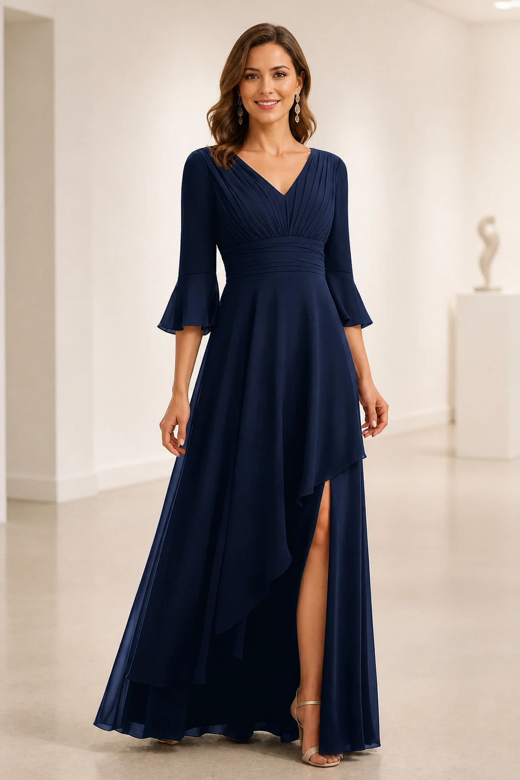 Vedress navy blue mother of the bride dress with V-neck bell sleeves ruched waist front slit and floor-length A-line skirt front view