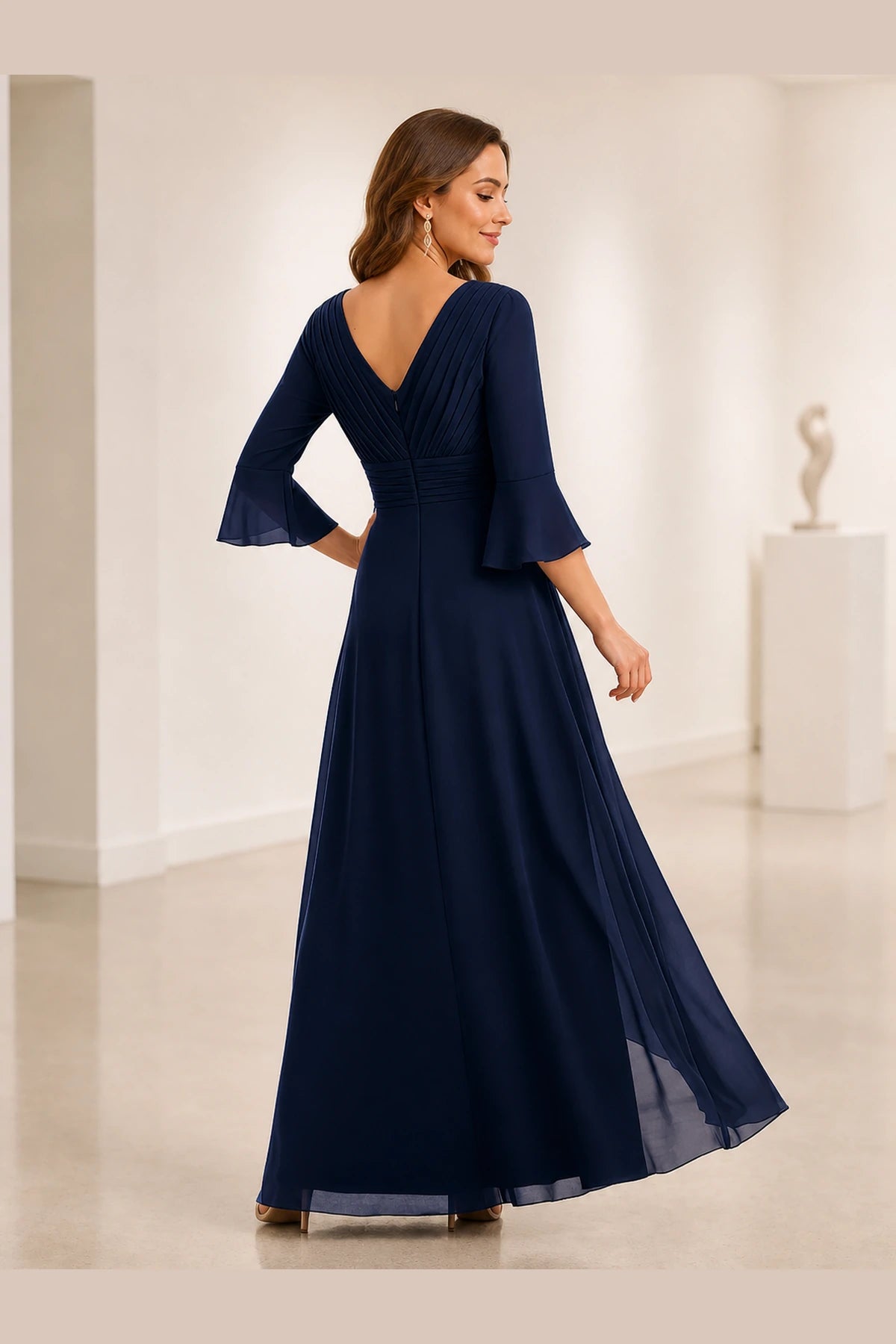 Vedress navy mother of the bride dress with V-back bell sleeves ruched waist zipper closure and floor-length A-line skirt back view