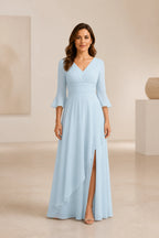 Graceful A-Line V-Neck Bell Sleeve V-Back Floor-Length Mother of Bride Dress
