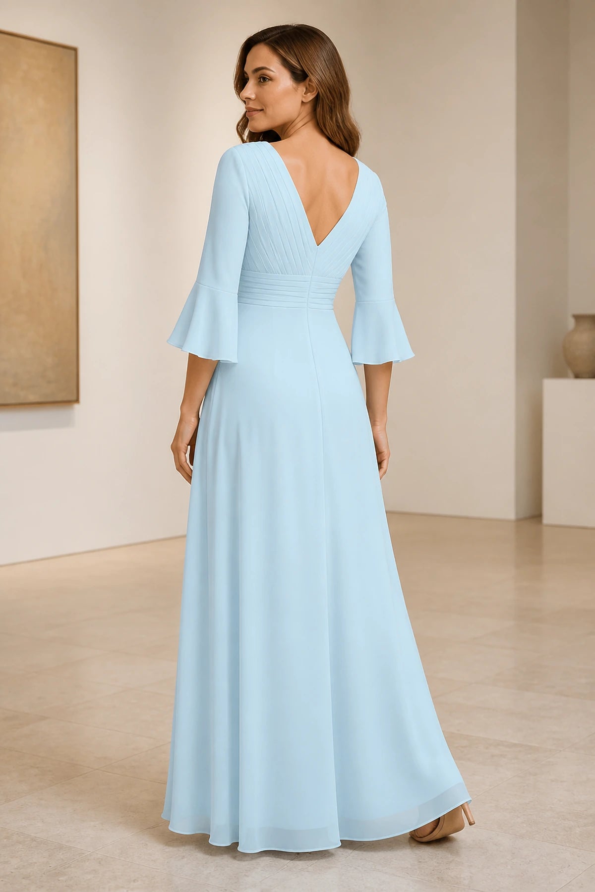 Graceful A-Line V-Neck Bell Sleeve V-Back Floor-Length Mother of Bride Dress
