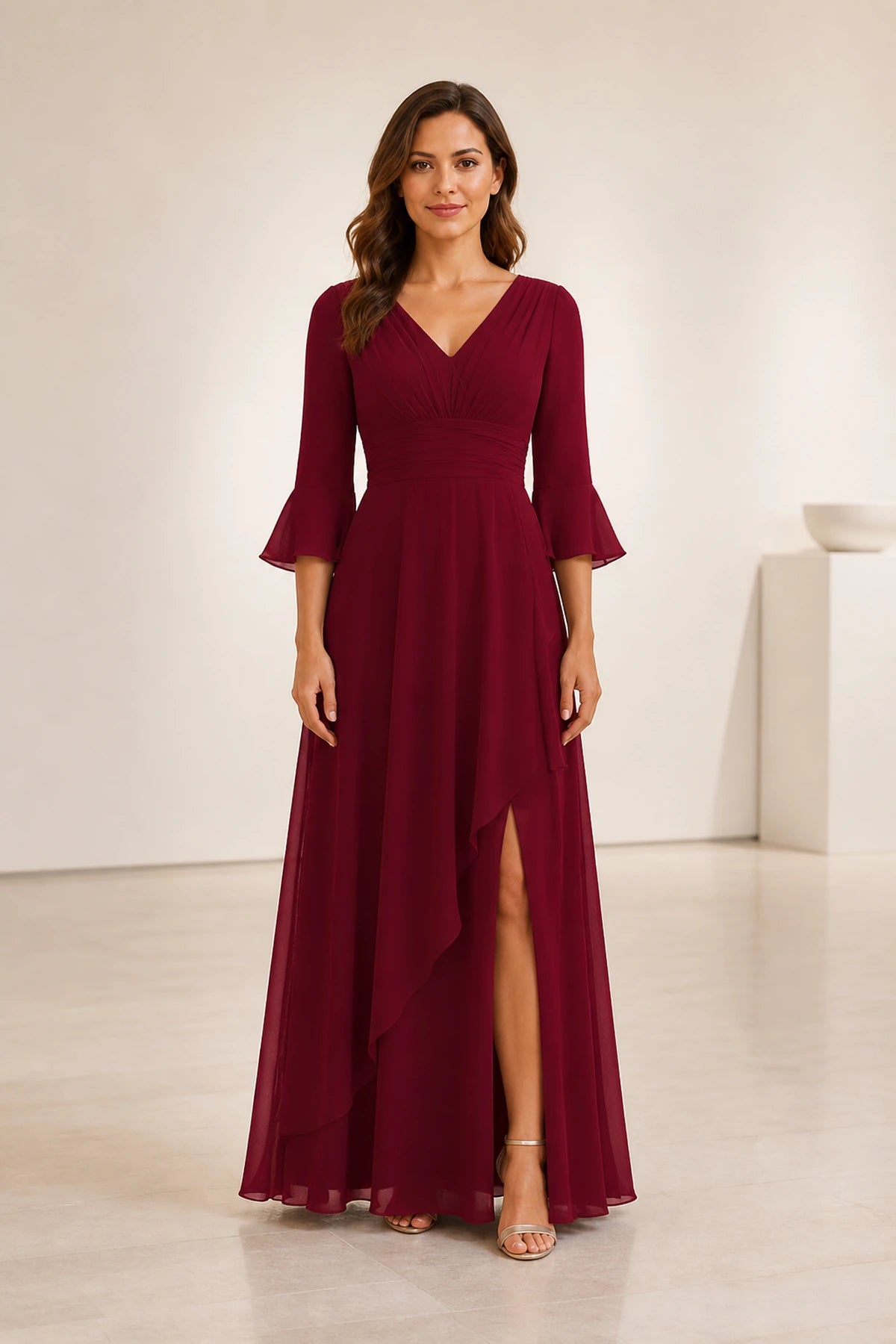Graceful A-Line V-Neck Bell Sleeve V-Back Floor-Length Mother of Bride Dress