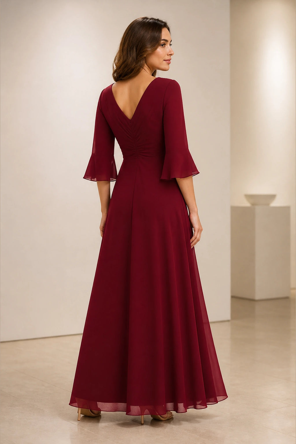 Graceful A-Line V-Neck Bell Sleeve V-Back Floor-Length Mother of Bride Dress