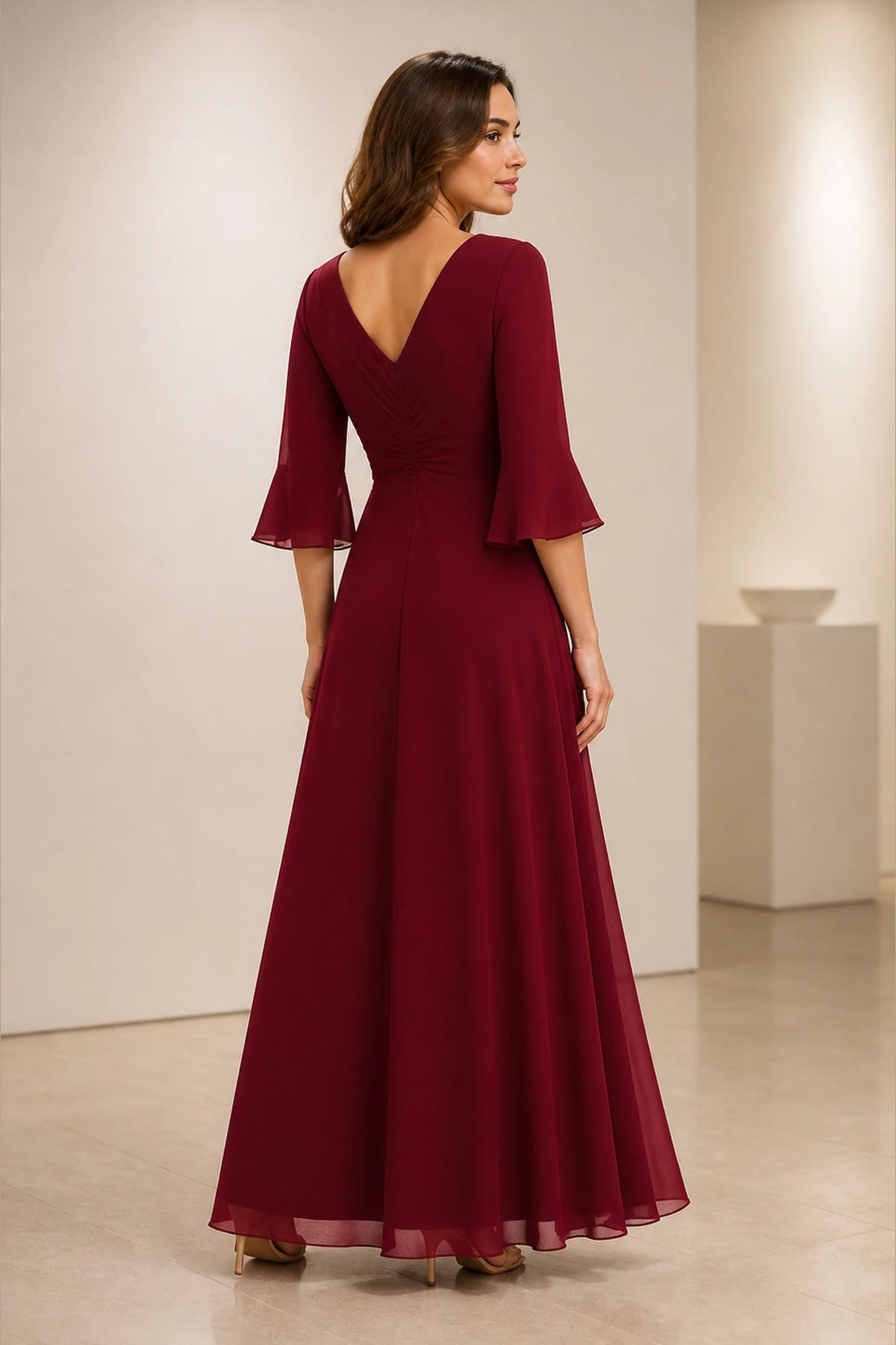 Graceful A-Line V-Neck Bell Sleeve V-Back Floor-Length Mother of Bride Dress