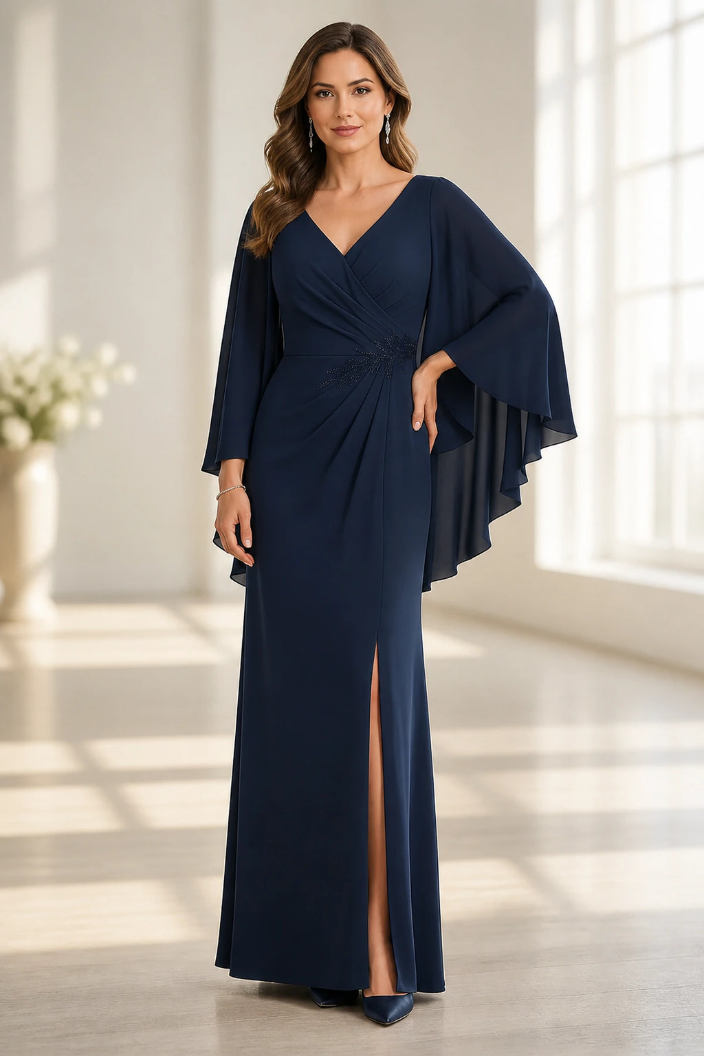 Vedress navy blue mother of the bride dress with V-neck cape sleeves draped waist front slit and floor-length column silhouette