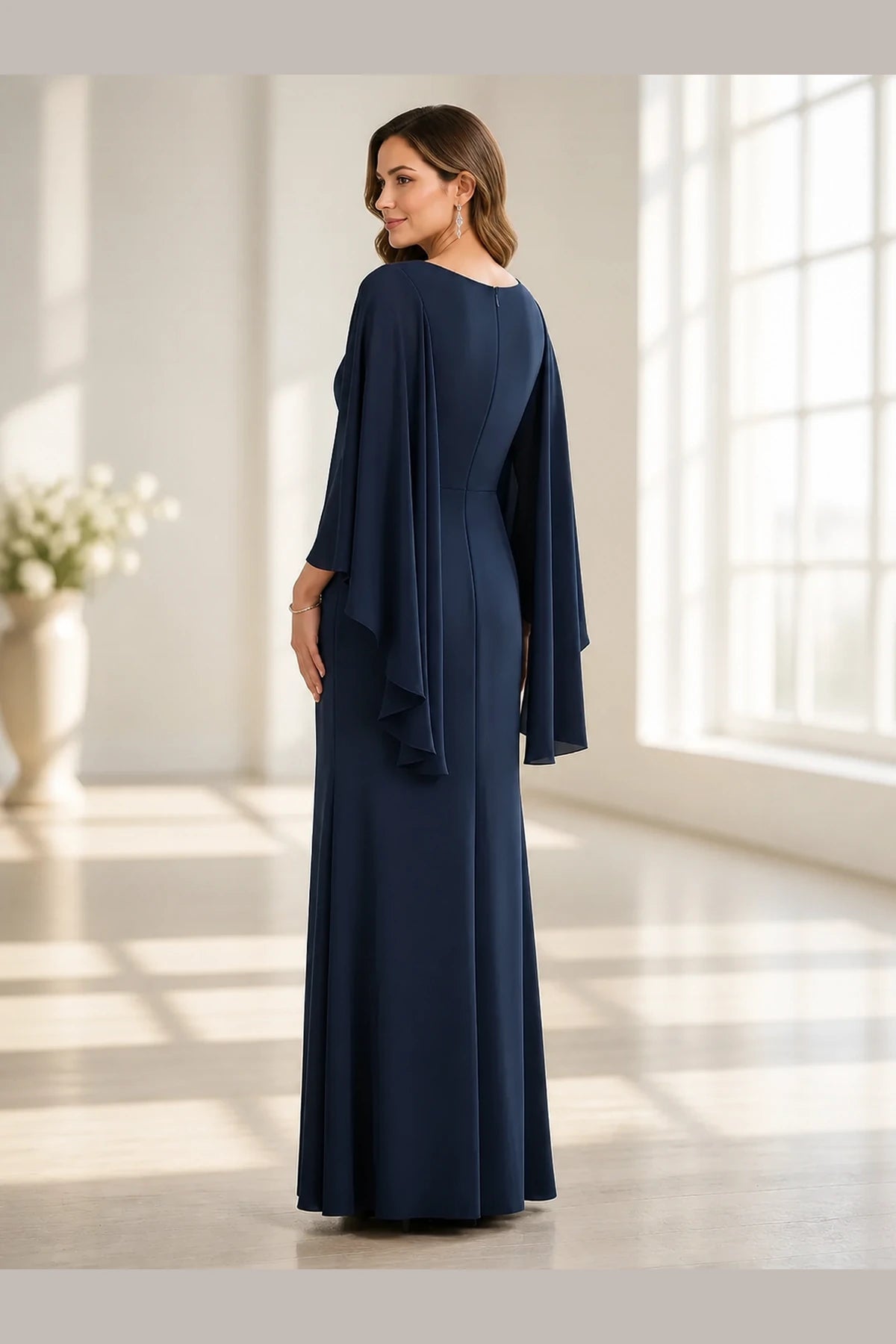 Vedress navy blue mother of the bride dress with flowing cape sleeves modest zipper back and floor-length column silhouette