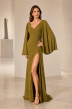 Sophisticated Sheath V-Neck Cape-Sleeve V-Back Long Wedding Guest Dress
