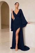 Navy sheath V-neck wedding guest dress with cape sleeves, ruched waist, front slit and V-back, front and back view by Vedress