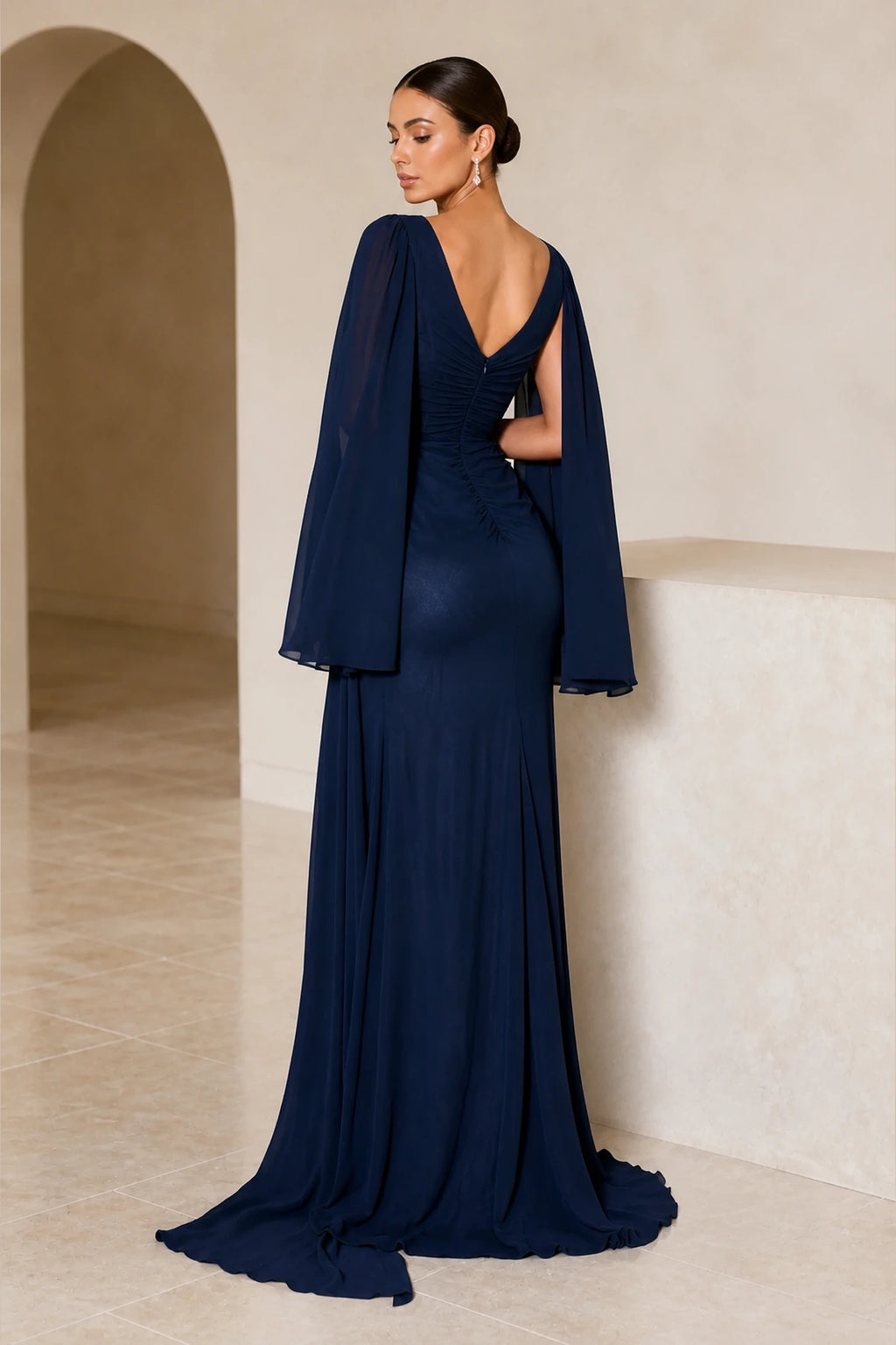 Navy Cape Sleeve Wedding Guest Dress | Vedress