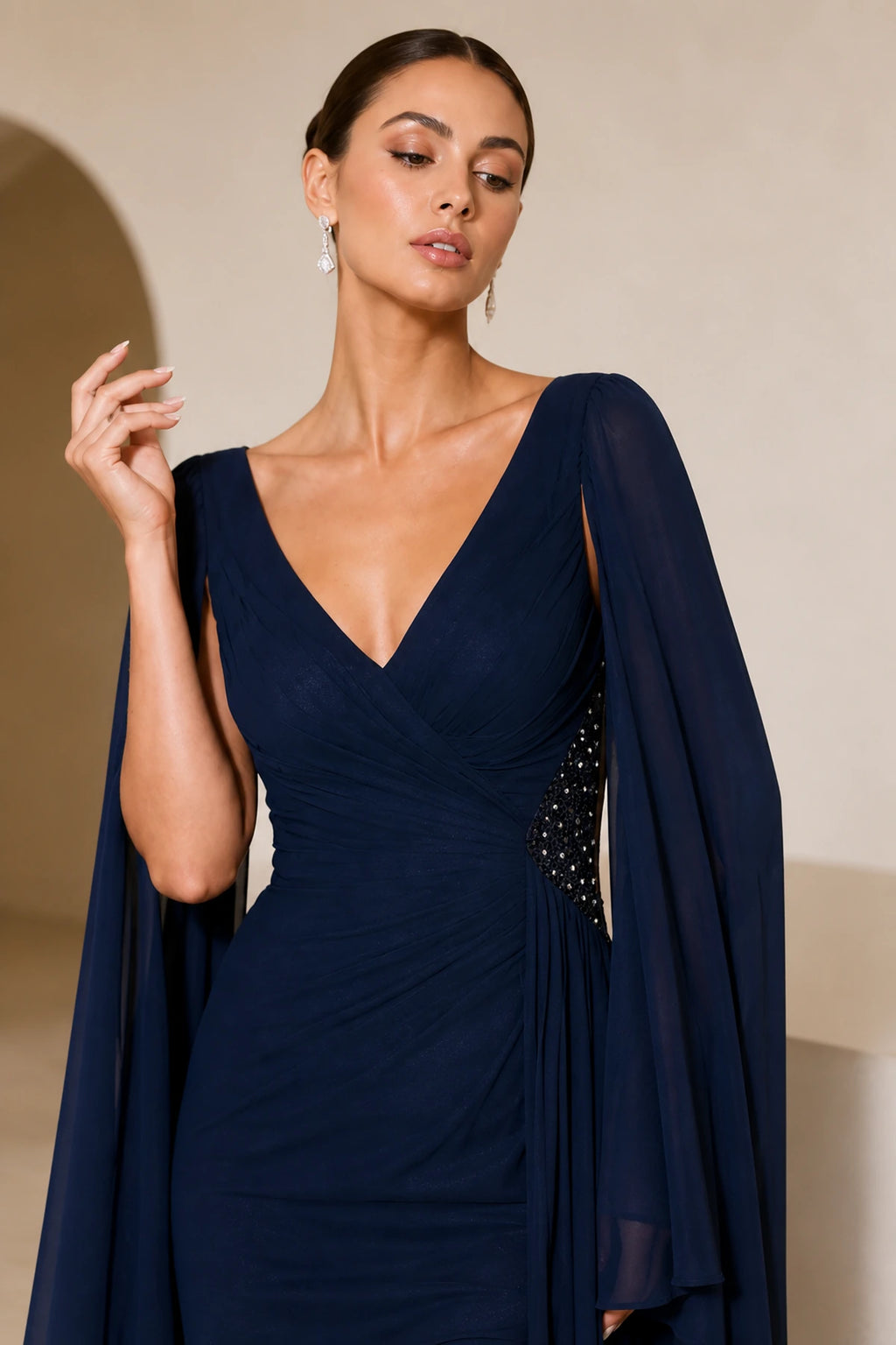Sophisticated Sheath V-Neck Cape-Sleeve V-Back Long Wedding Guest Dress