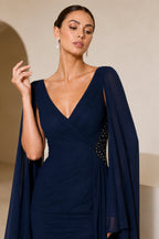 Sophisticated Sheath V-Neck Cape-Sleeve V-Back Long Wedding Guest Dress