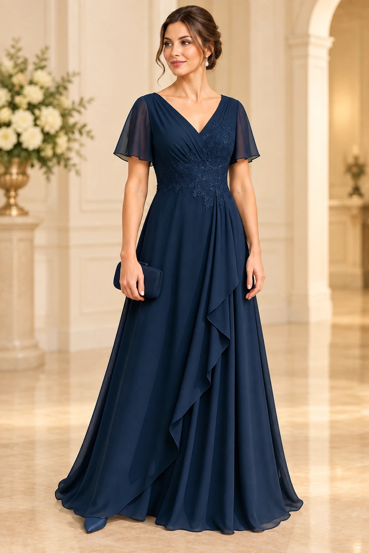 Navy mother of the bride dress with V neckline flutter sleeves lace applique and cascading long A line skirt