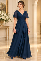 Graceful A Line V Neck Flutter Sleeve V Back Long Mother of the Bride Dress