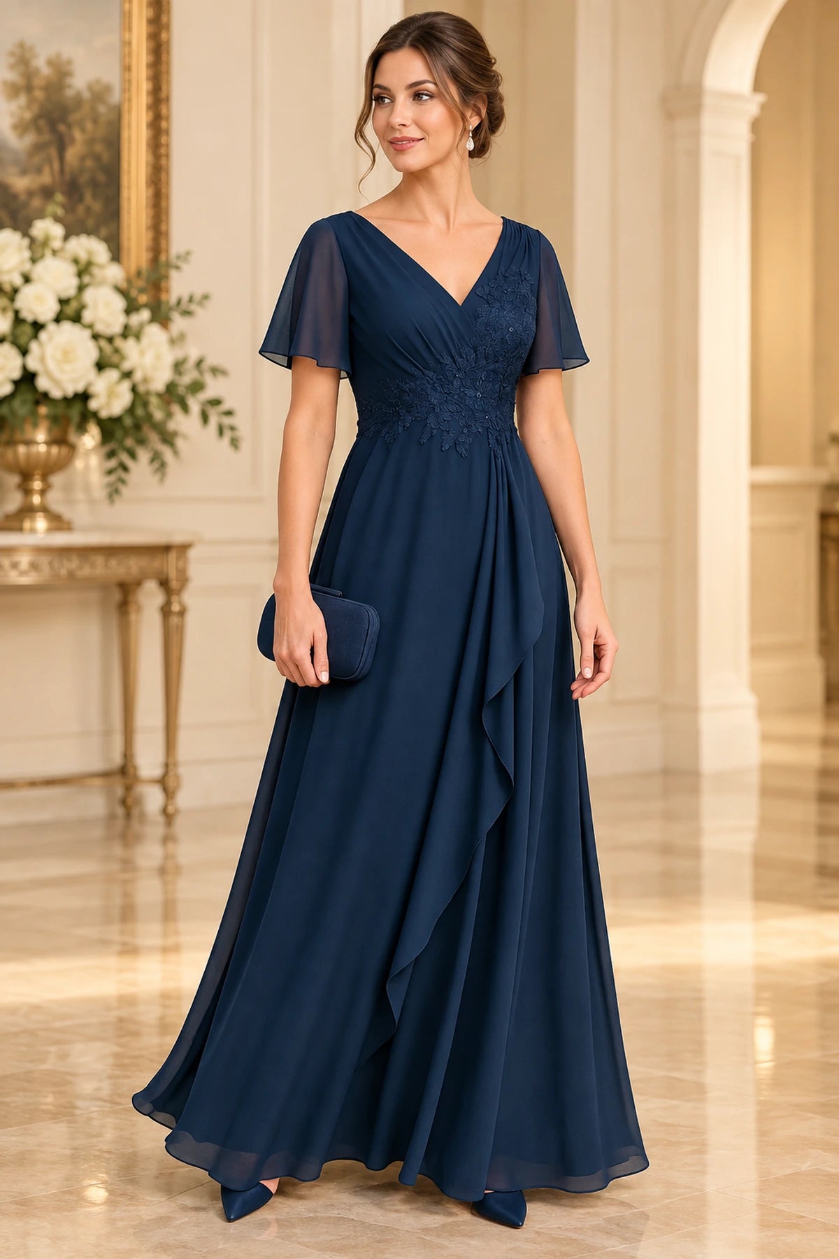 Graceful A Line V Neck Flutter Sleeve V Back Long Mother of the Bride Dress