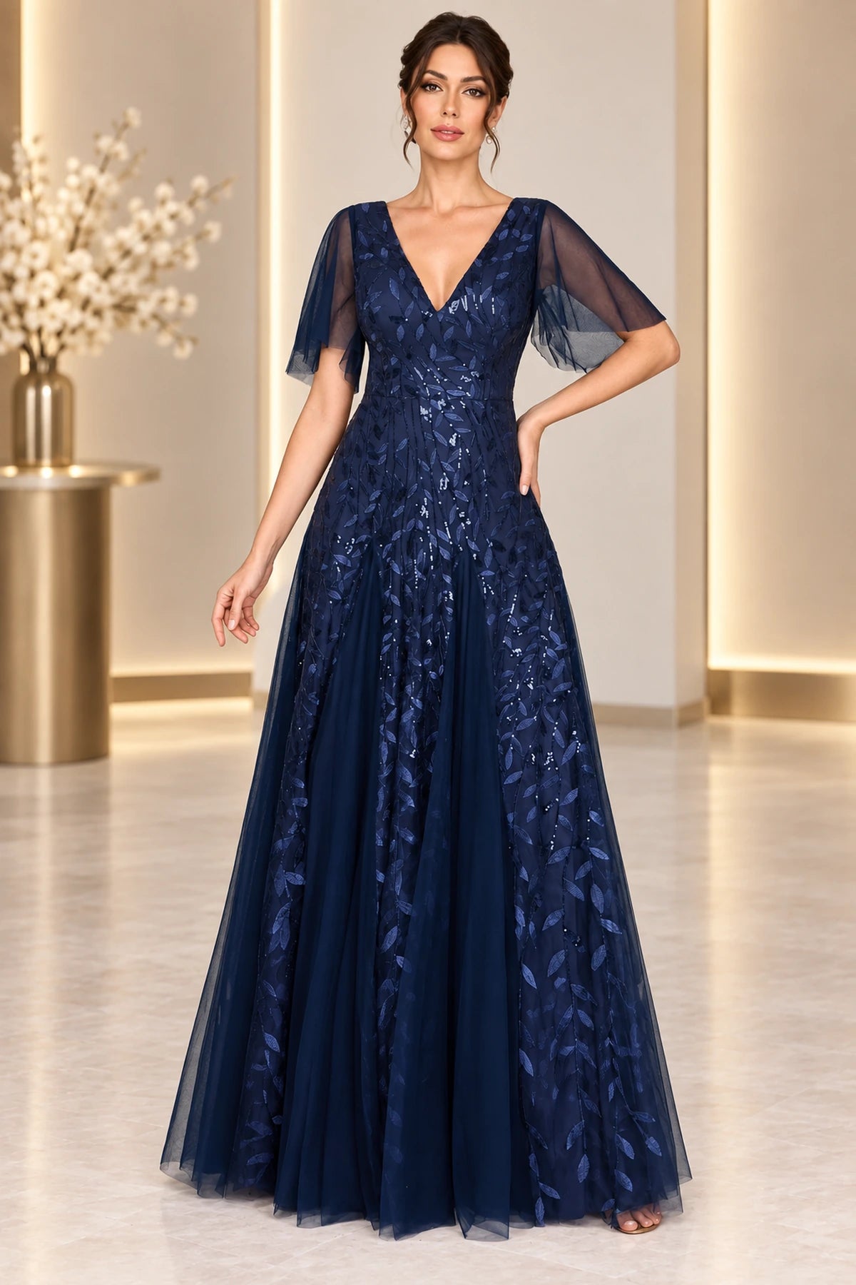 Elegant A-Line V Neck Flutter Sleeve V Back Long Mother of the Bride Dress