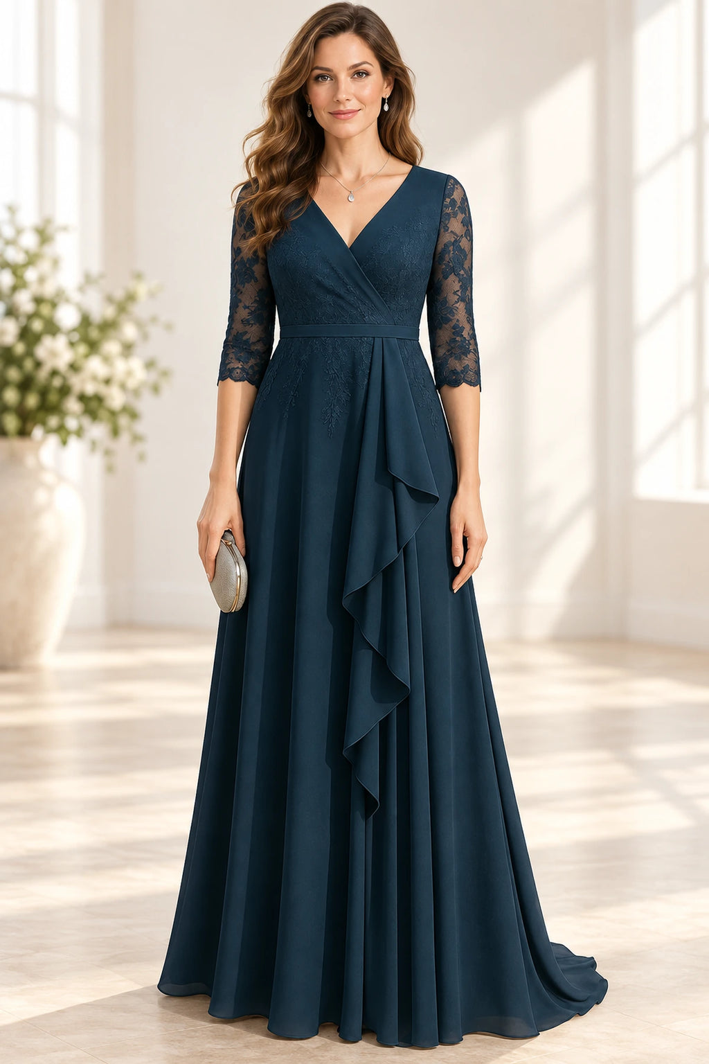 Navy Mother of the Bride Dress with V neck lace three quarter sleeves cascading ruffle and long A line skirt