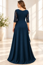 Navy Mother of the Bride Dress with lace three quarter sleeves fitted waist closed back and floor length A line skirt